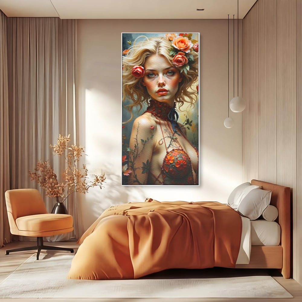 Leinwandbilder Premium, LuxCanva® G1167, Frau im Wald, Fantastisch, Blumen, Natur, Romantisch, Mystisch, Göttin, Bohème, Böhmisch, Fee, Wild, Kleid, Floral, Blond, Büro, Wohnen, Schlafzimmer