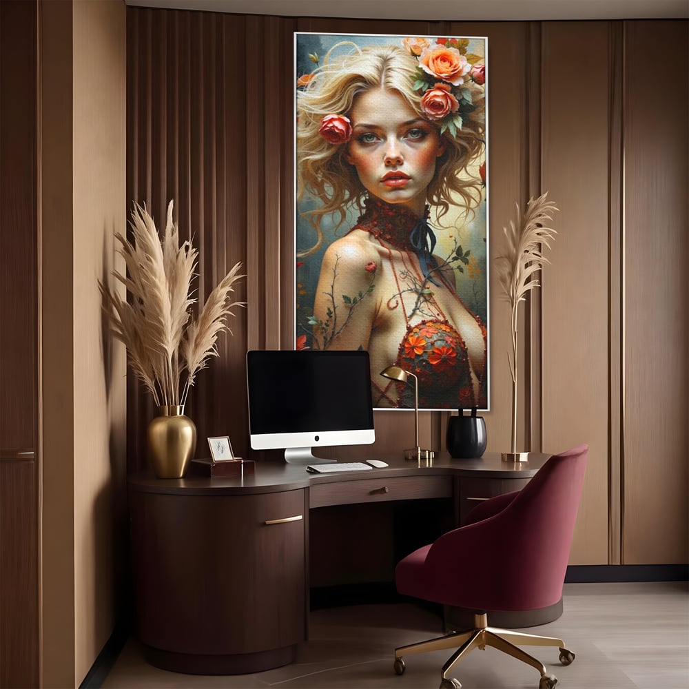 Leinwandbilder Premium, LuxCanva® G1167, Frau im Wald, Fantastisch, Blumen, Natur, Romantisch, Mystisch, Göttin, Bohème, Böhmisch, Fee, Wild, Kleid, Floral, Blond, Büro, Wohnen, Schlafzimmer