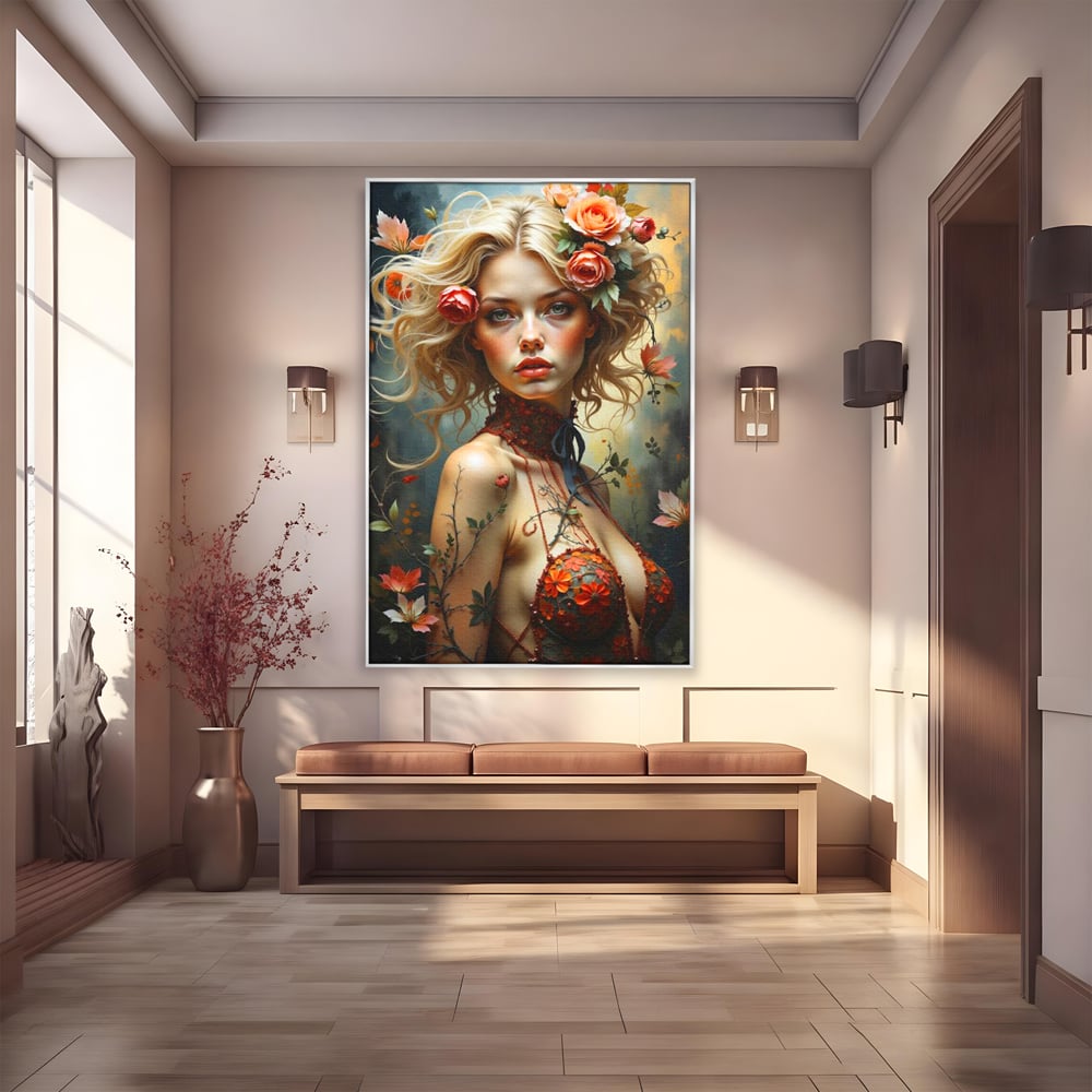 Leinwandbilder Premium, LuxCanva® G1167, Frau im Wald, Fantastisch, Blumen, Natur, Romantisch, Mystisch, Göttin, Bohème, Böhmisch, Fee, Wild, Kleid, Floral, Blond, Büro, Wohnen, Schlafzimmer