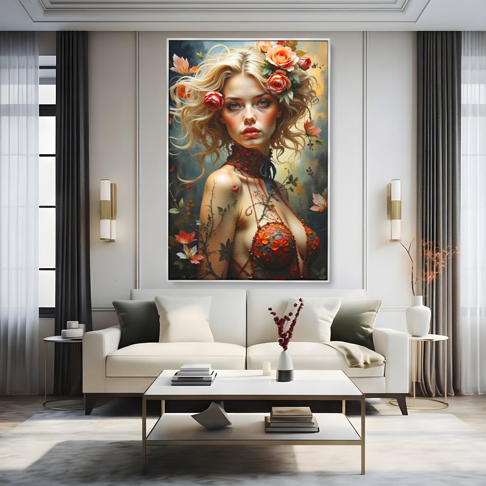 Leinwandbilder Premium, LuxCanva® G1167, Frau im Wald, Fantastisch, Blumen, Natur, Romantisch, Mystisch, Göttin, Bohème, Böhmisch, Fee, Wild, Kleid, Floral, Blond, Büro, Wohnen, Schlafzimmer