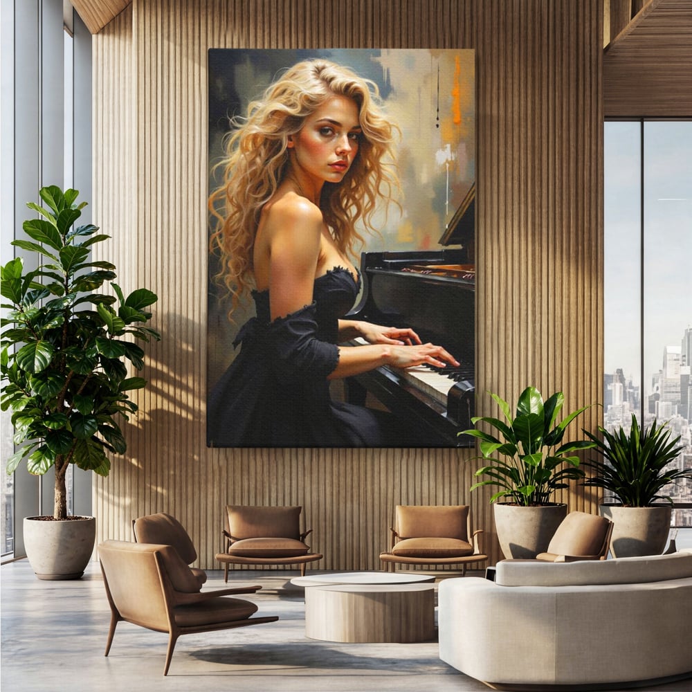 Tablou Canvas Premium, LuxCanva® G1169, Rapsodia Muzei, Simfonie, Melodie, Noapte, Fior, Acorduri, Pian, Domnisoara, Ecou, Armonii, Emotie, Eleganta, Melancolie, Par, Birou, Living, Dormitor