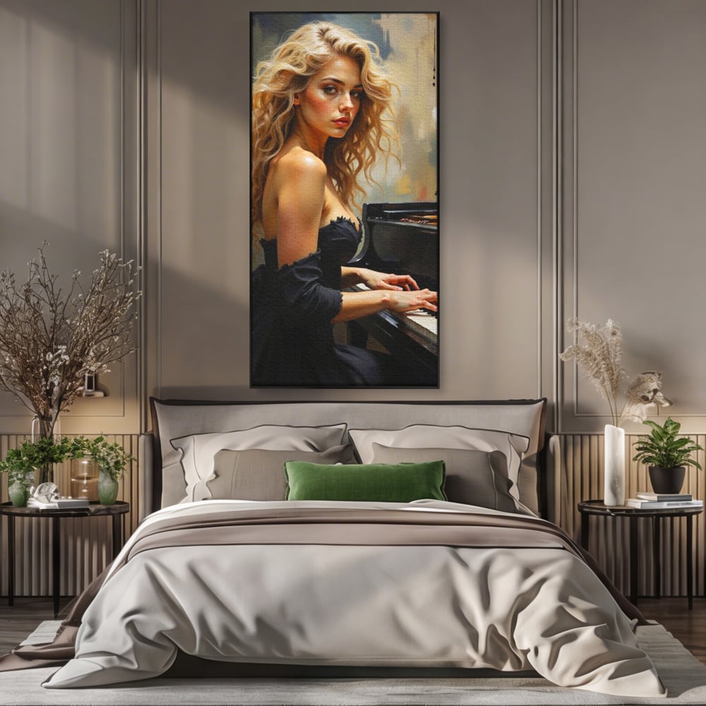 Tablou Canvas Premium, LuxCanva® G1169, Rapsodia Muzei, Simfonie, Melodie, Noapte, Fior, Acorduri, Pian, Domnisoara, Ecou, Armonii, Emotie, Eleganta, Melancolie, Par, Birou, Living, Dormitor