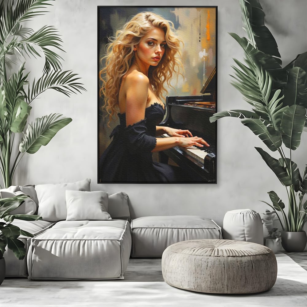 Tablou Canvas Premium, LuxCanva® G1169, Rapsodia Muzei, Simfonie, Melodie, Noapte, Fior, Acorduri, Pian, Domnisoara, Ecou, Armonii, Emotie, Eleganta, Melancolie, Par, Birou, Living, Dormitor
