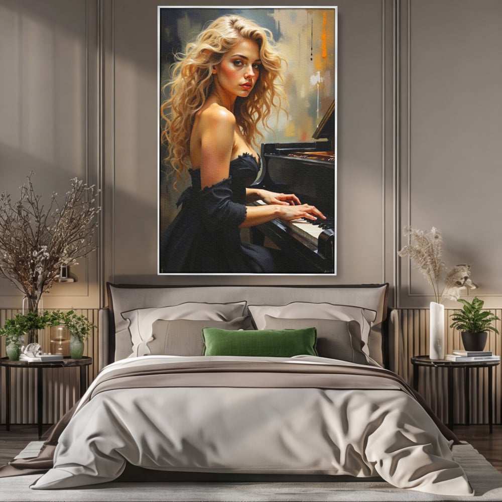 Tablou Canvas Premium, LuxCanva® G1169, Rapsodia Muzei, Simfonie, Melodie, Noapte, Fior, Acorduri, Pian, Domnisoara, Ecou, Armonii, Emotie, Eleganta, Melancolie, Par, Birou, Living, Dormitor