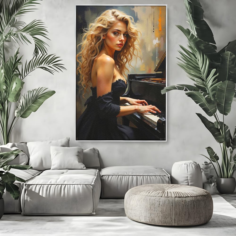 Tablou Canvas Premium, LuxCanva® G1169, Rapsodia Muzei, Simfonie, Melodie, Noapte, Fior, Acorduri, Pian, Domnisoara, Ecou, Armonii, Emotie, Eleganta, Melancolie, Par, Birou, Living, Dormitor
