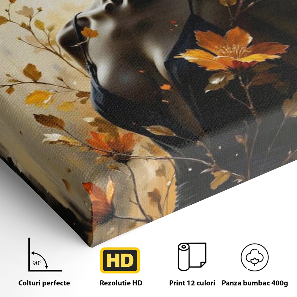 Tablou Canvas Premium, LuxCanva® G1170, Silueta de Rugina, Lady, Palarie, Rochie, Negru, Flori, Toamna, Dramatic, Silueta, Petale, Auriu, Romantism, Baroc, Boem, Poetic, Birou, Living, Dormitor