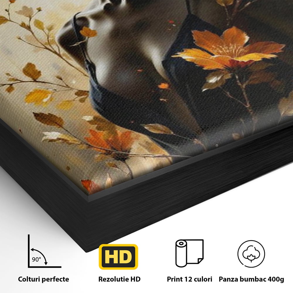 Tablou Canvas Premium, LuxCanva® G1170, Silueta de Rugina, Lady, Palarie, Rochie, Negru, Flori, Toamna, Dramatic, Silueta, Petale, Auriu, Romantism, Baroc, Boem, Poetic, Birou, Living, Dormitor