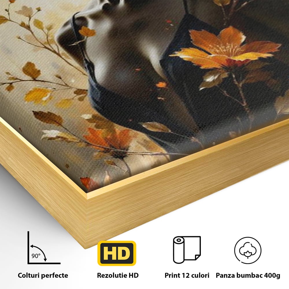 Tablou Canvas Premium, LuxCanva® G1170, Silueta de Rugina, Lady, Palarie, Rochie, Negru, Flori, Toamna, Dramatic, Silueta, Petale, Auriu, Romantism, Baroc, Boem, Poetic, Birou, Living, Dormitor