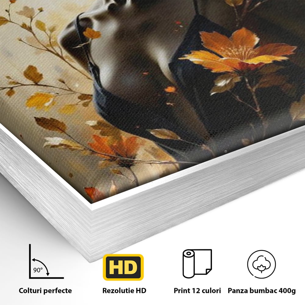 Tablou Canvas Premium, LuxCanva® G1170, Silueta de Rugina, Lady, Palarie, Rochie, Negru, Flori, Toamna, Dramatic, Silueta, Petale, Auriu, Romantism, Baroc, Boem, Poetic, Birou, Living, Dormitor
