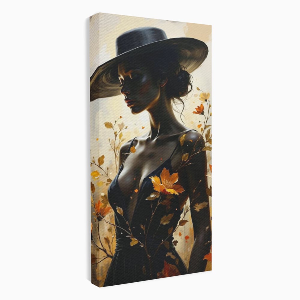 Tablou Canvas Premium, LuxCanva® G1170, Silueta de Rugina, Lady, Palarie, Rochie, Negru, Flori, Toamna, Dramatic, Silueta, Petale, Auriu, Romantism, Baroc, Boem, Poetic, Birou, Living, Dormitor