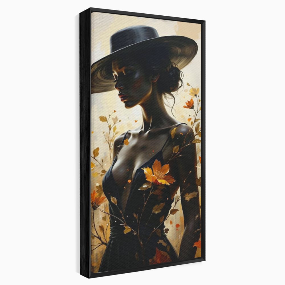 Tablou Canvas Premium, LuxCanva® G1170, Silueta de Rugina, Lady, Palarie, Rochie, Negru, Flori, Toamna, Dramatic, Silueta, Petale, Auriu, Romantism, Baroc, Boem, Poetic, Birou, Living, Dormitor