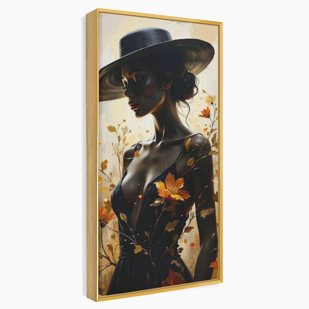 Tablou Canvas Premium, LuxCanva® G1170, Silueta de Rugina, Lady, Palarie, Rochie, Negru, Flori, Toamna, Dramatic, Silueta, Petale, Auriu, Romantism, Baroc, Boem, Poetic, Birou, Living, Dormitor