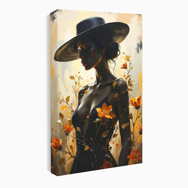 Tablou Canvas Premium, LuxCanva® G1170, Silueta de Rugina, Lady, Palarie, Rochie, Negru, Flori, Toamna, Dramatic, Silueta, Petale, Auriu, Romantism, Baroc, Boem, Poetic, Birou, Living, Dormitor