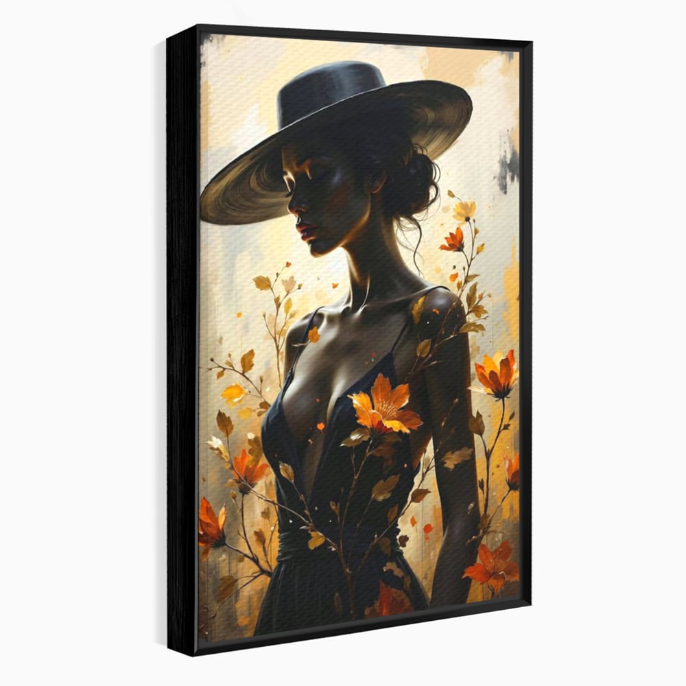 Tablou Canvas Premium, LuxCanva® G1170, Silueta de Rugina, Lady, Palarie, Rochie, Negru, Flori, Toamna, Dramatic, Silueta, Petale, Auriu, Romantism, Baroc, Boem, Poetic, Birou, Living, Dormitor