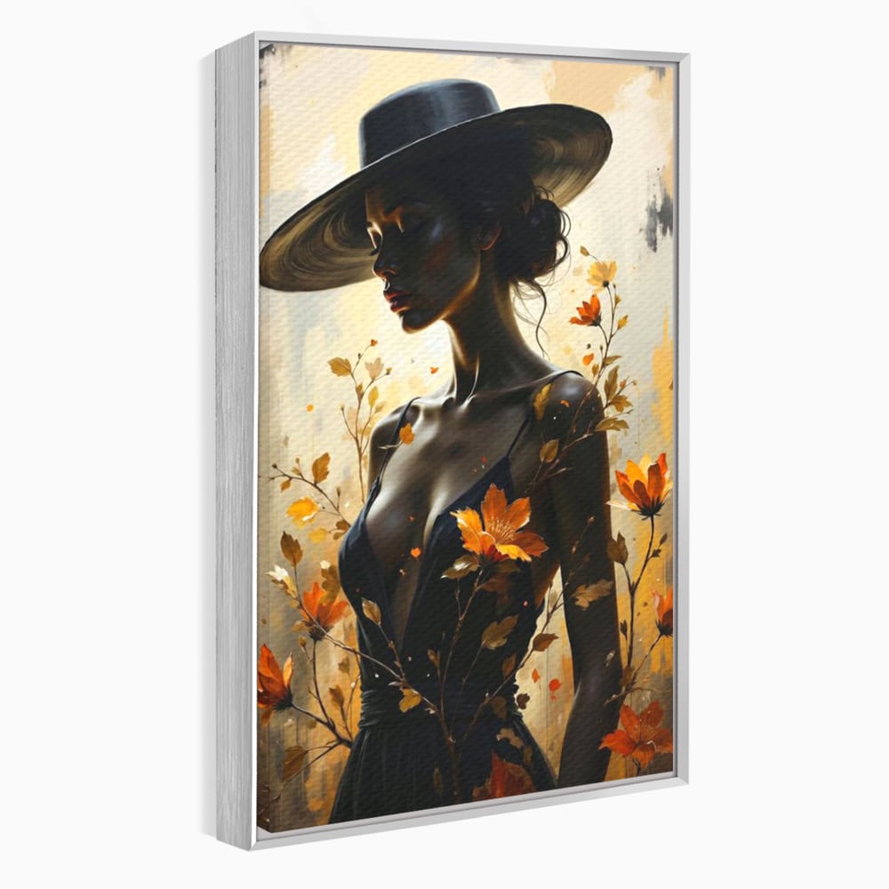 Tablou Canvas Premium, LuxCanva® G1170, Silueta de Rugina, Lady, Palarie, Rochie, Negru, Flori, Toamna, Dramatic, Silueta, Petale, Auriu, Romantism, Baroc, Boem, Poetic, Birou, Living, Dormitor