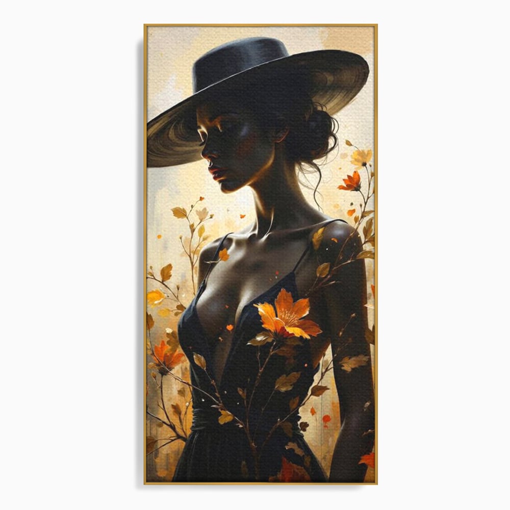 Tablou Canvas Premium, LuxCanva® G1170, Silueta de Rugina, Lady, Palarie, Rochie, Negru, Flori, Toamna, Dramatic, Silueta, Petale, Auriu, Romantism, Baroc, Boem, Poetic, Birou, Living, Dormitor