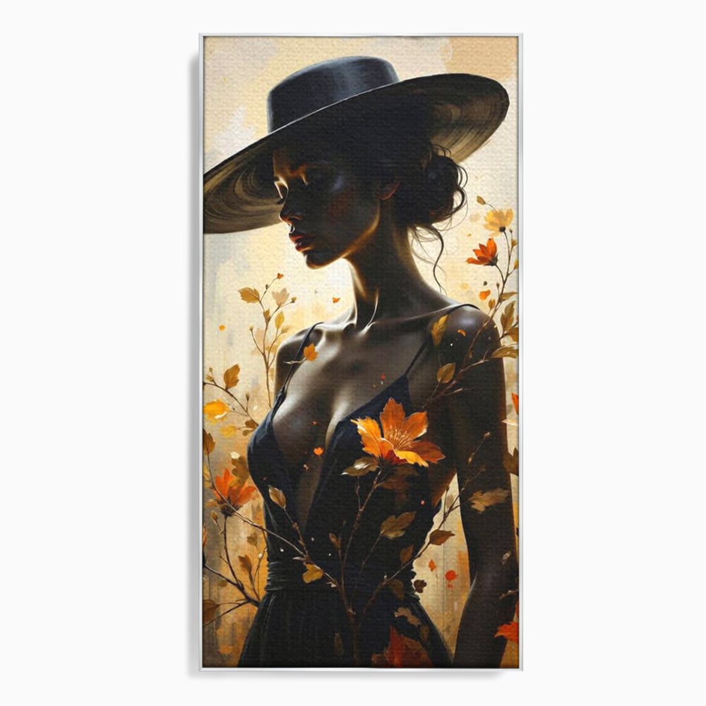 Tablou Canvas Premium, LuxCanva® G1170, Silueta de Rugina, Lady, Palarie, Rochie, Negru, Flori, Toamna, Dramatic, Silueta, Petale, Auriu, Romantism, Baroc, Boem, Poetic, Birou, Living, Dormitor