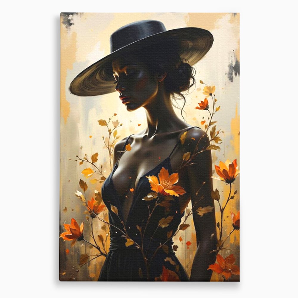Tablou Canvas Premium, LuxCanva® G1170, Silueta de Rugina, Lady, Palarie, Rochie, Negru, Flori, Toamna, Dramatic, Silueta, Petale, Auriu, Romantism, Baroc, Boem, Poetic, Birou, Living, Dormitor