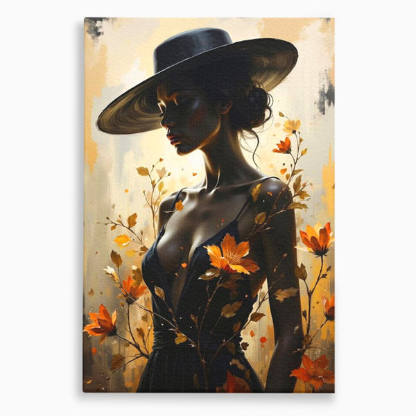 Tablou Canvas Premium, LuxCanva® G1170, Silueta de Rugina, Lady, Palarie, Rochie, Negru, Flori, Toamna, Dramatic, Silueta, Petale, Auriu, Romantism, Baroc, Boem, Poetic, Birou, Living, Dormitor