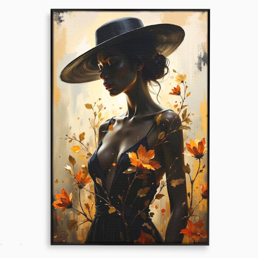 Tablou Canvas Premium, LuxCanva® G1170, Silueta de Rugina, Lady, Palarie, Rochie, Negru, Flori, Toamna, Dramatic, Silueta, Petale, Auriu, Romantism, Baroc, Boem, Poetic, Birou, Living, Dormitor