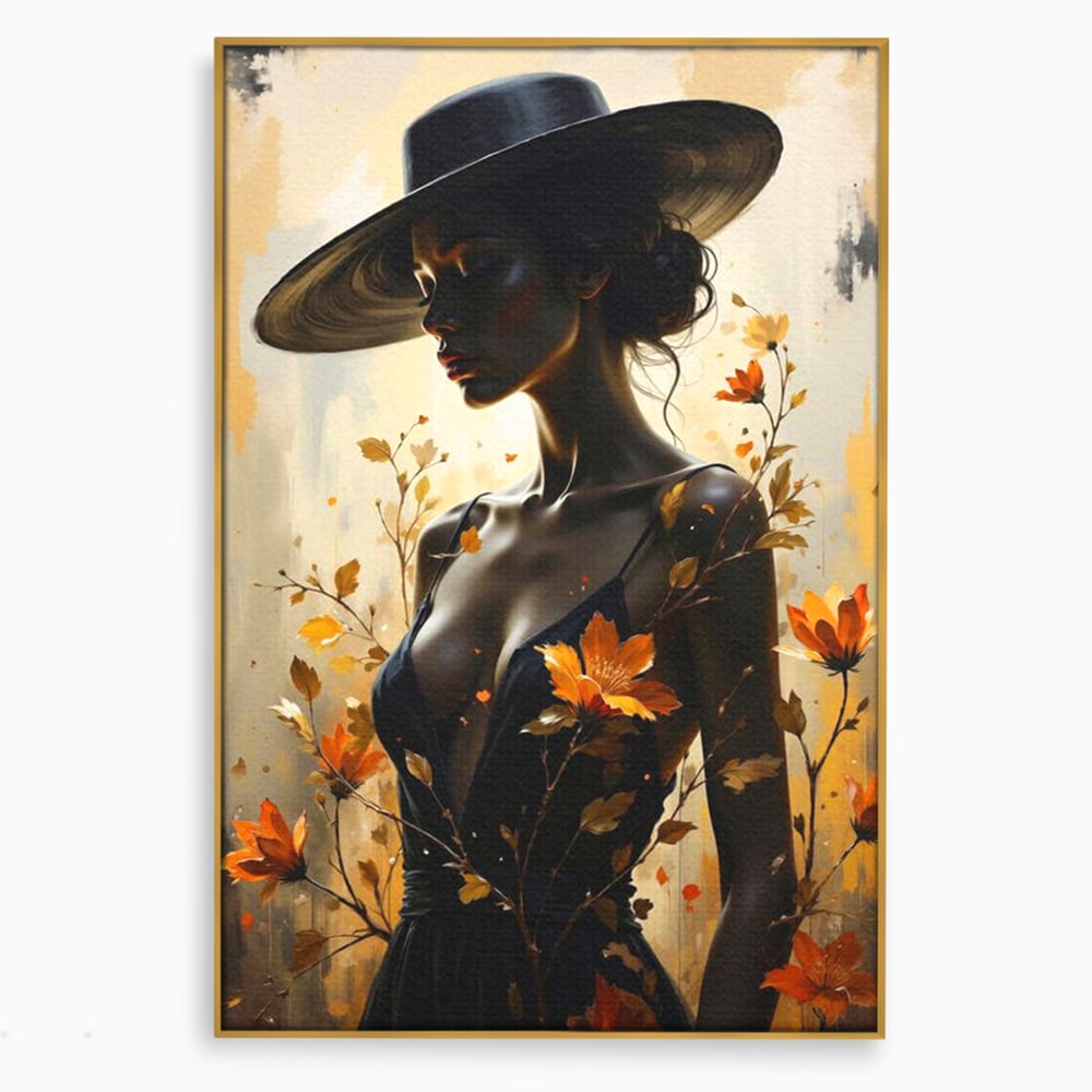 Tablou Canvas Premium, LuxCanva® G1170, Silueta de Rugina, Lady, Palarie, Rochie, Negru, Flori, Toamna, Dramatic, Silueta, Petale, Auriu, Romantism, Baroc, Boem, Poetic, Birou, Living, Dormitor