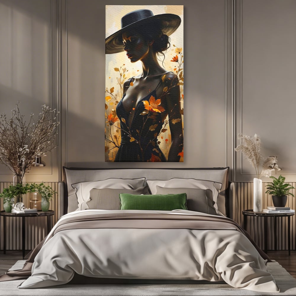 Tablou Canvas Premium, LuxCanva® G1170, Silueta de Rugina, Lady, Palarie, Rochie, Negru, Flori, Toamna, Dramatic, Silueta, Petale, Auriu, Romantism, Baroc, Boem, Poetic, Birou, Living, Dormitor