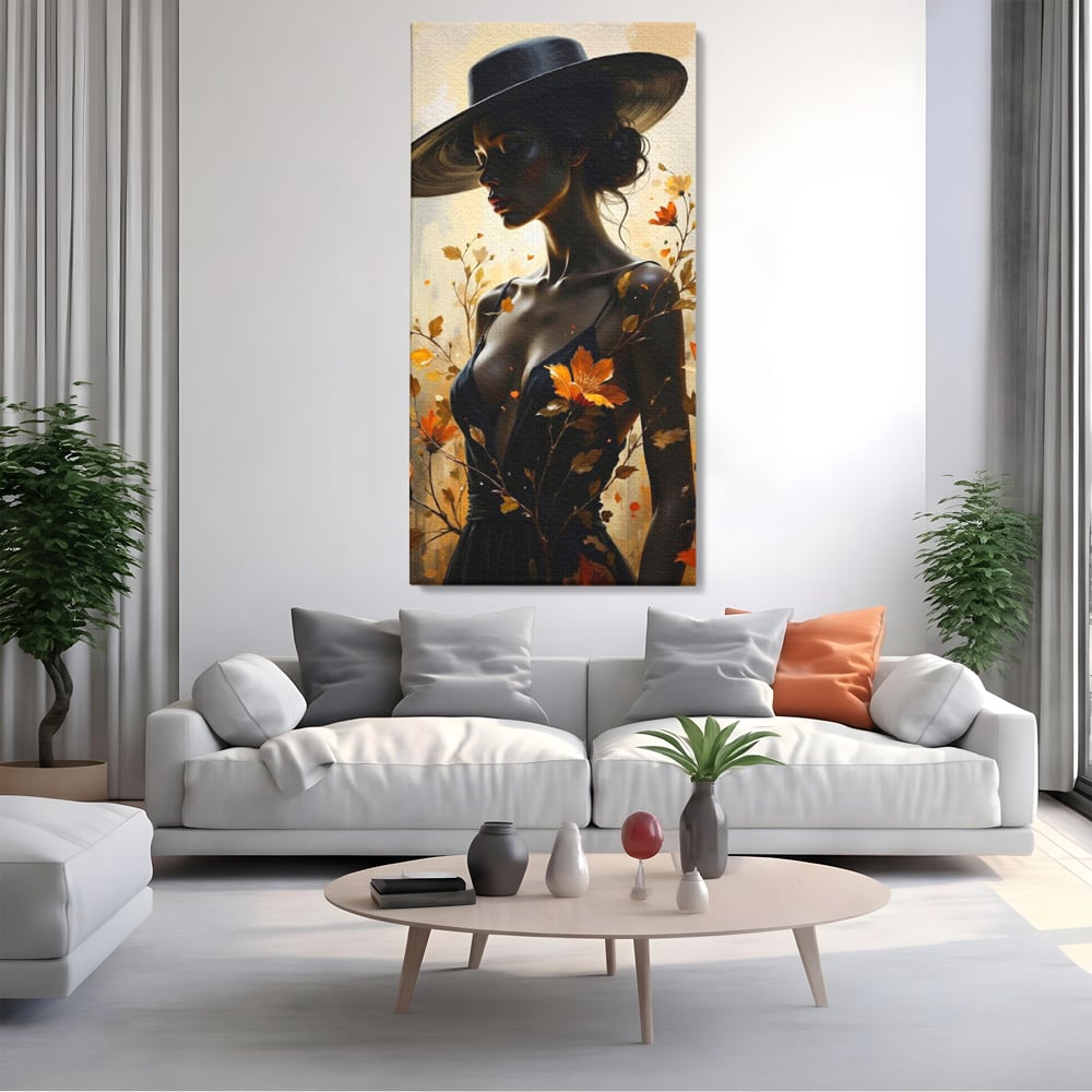 Tablou Canvas Premium, LuxCanva® G1170, Silueta de Rugina, Lady, Palarie, Rochie, Negru, Flori, Toamna, Dramatic, Silueta, Petale, Auriu, Romantism, Baroc, Boem, Poetic, Birou, Living, Dormitor