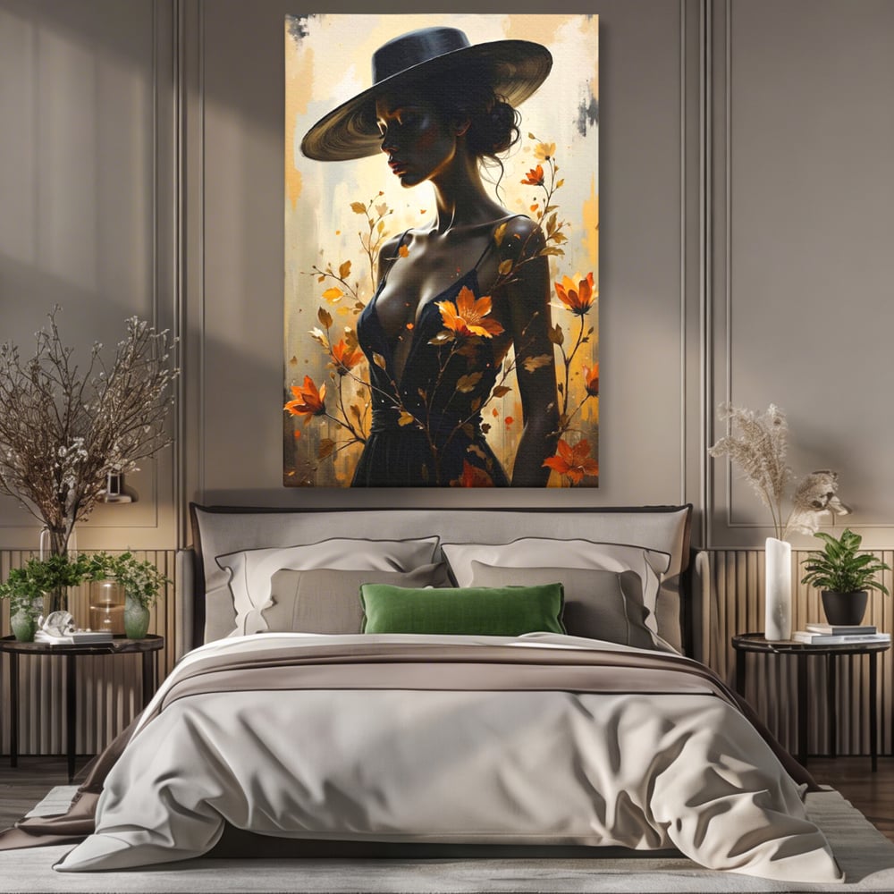 Tablou Canvas Premium, LuxCanva® G1170, Silueta de Rugina, Lady, Palarie, Rochie, Negru, Flori, Toamna, Dramatic, Silueta, Petale, Auriu, Romantism, Baroc, Boem, Poetic, Birou, Living, Dormitor