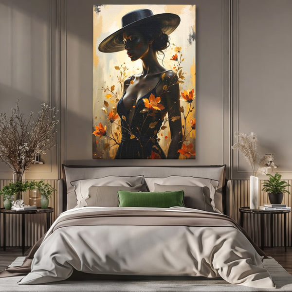 Tablou Canvas Premium, LuxCanva® G1170, Silueta de Rugina, Lady, Palarie, Rochie, Negru, Flori, Toamna, Dramatic, Silueta, Petale, Auriu, Romantism, Baroc, Boem, Poetic, Birou, Living, Dormitor