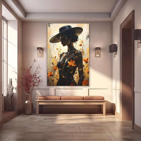 Tablou Canvas Premium, LuxCanva® G1170, Silueta de Rugina, Lady, Palarie, Rochie, Negru, Flori, Toamna, Dramatic, Silueta, Petale, Auriu, Romantism, Baroc, Boem, Poetic, Birou, Living, Dormitor