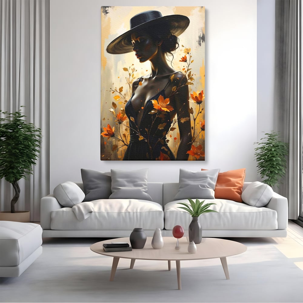 Tablou Canvas Premium, LuxCanva® G1170, Silueta de Rugina, Lady, Palarie, Rochie, Negru, Flori, Toamna, Dramatic, Silueta, Petale, Auriu, Romantism, Baroc, Boem, Poetic, Birou, Living, Dormitor