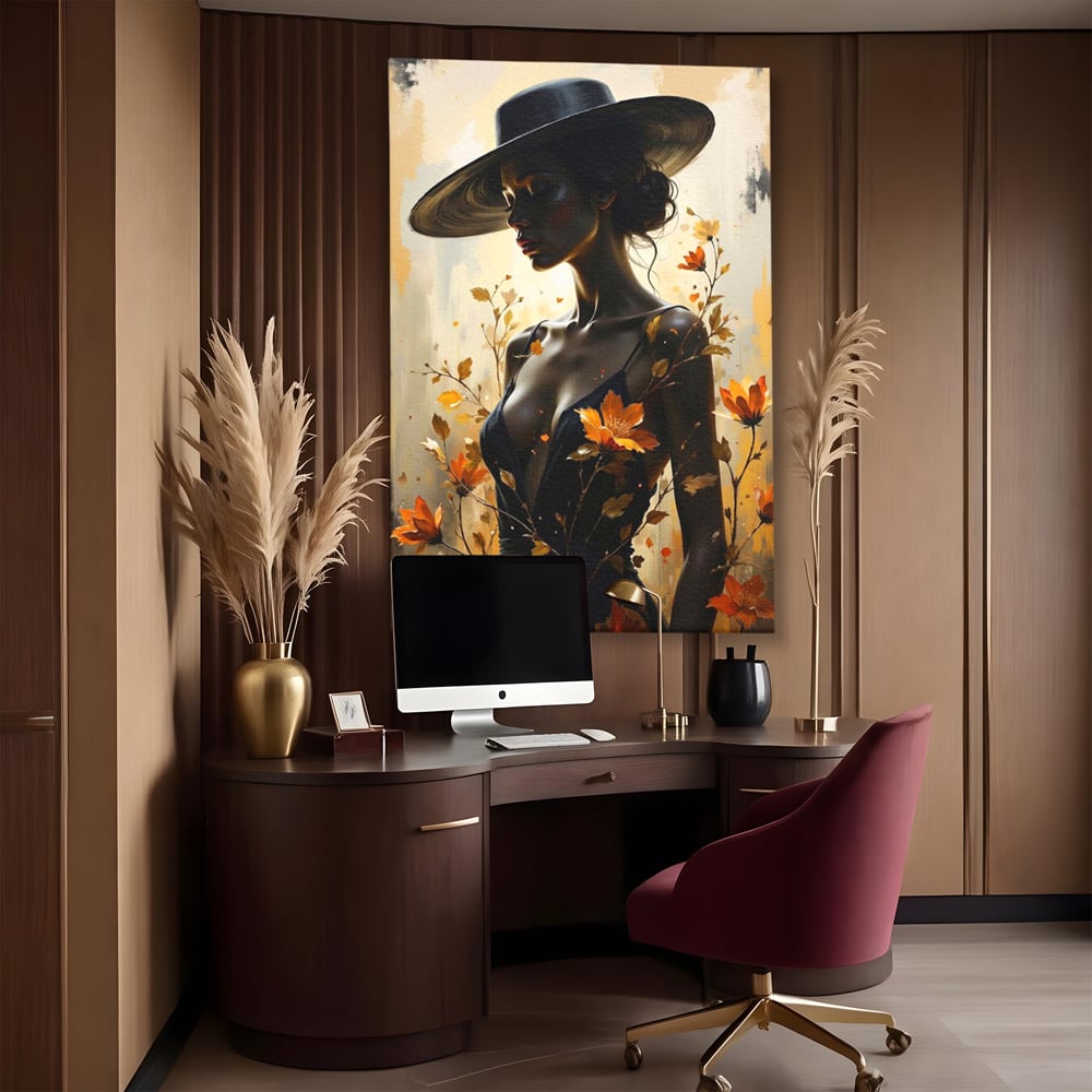 Tablou Canvas Premium, LuxCanva® G1170, Silueta de Rugina, Lady, Palarie, Rochie, Negru, Flori, Toamna, Dramatic, Silueta, Petale, Auriu, Romantism, Baroc, Boem, Poetic, Birou, Living, Dormitor