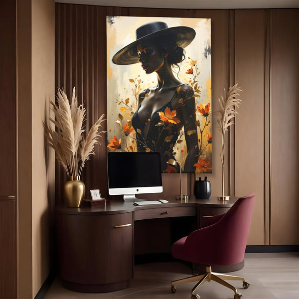 Tablou Canvas Premium, LuxCanva® G1170, Silueta de Rugina, Lady, Palarie, Rochie, Negru, Flori, Toamna, Dramatic, Silueta, Petale, Auriu, Romantism, Baroc, Boem, Poetic, Birou, Living, Dormitor