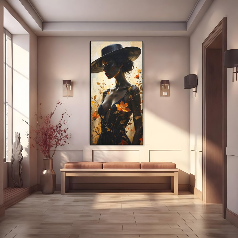 Tablou Canvas Premium, LuxCanva® G1170, Silueta de Rugina, Lady, Palarie, Rochie, Negru, Flori, Toamna, Dramatic, Silueta, Petale, Auriu, Romantism, Baroc, Boem, Poetic, Birou, Living, Dormitor