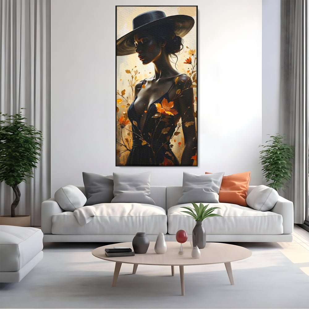 Tablou Canvas Premium, LuxCanva® G1170, Silueta de Rugina, Lady, Palarie, Rochie, Negru, Flori, Toamna, Dramatic, Silueta, Petale, Auriu, Romantism, Baroc, Boem, Poetic, Birou, Living, Dormitor