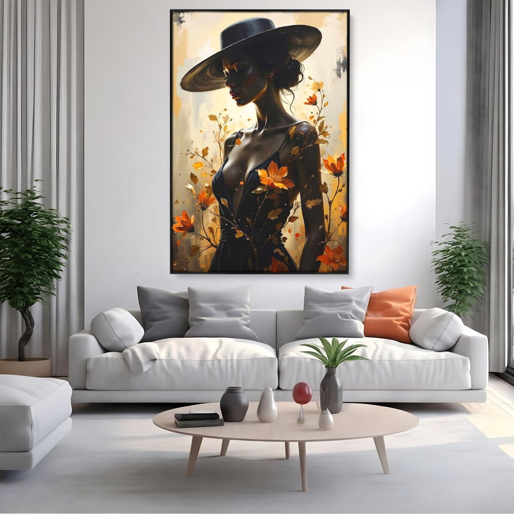 Tablou Canvas Premium, LuxCanva® G1170, Silueta de Rugina, Lady, Palarie, Rochie, Negru, Flori, Toamna, Dramatic, Silueta, Petale, Auriu, Romantism, Baroc, Boem, Poetic, Birou, Living, Dormitor