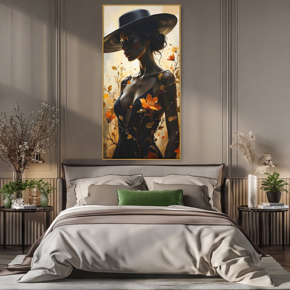 Tablou Canvas Premium, LuxCanva® G1170, Silueta de Rugina, Lady, Palarie, Rochie, Negru, Flori, Toamna, Dramatic, Silueta, Petale, Auriu, Romantism, Baroc, Boem, Poetic, Birou, Living, Dormitor