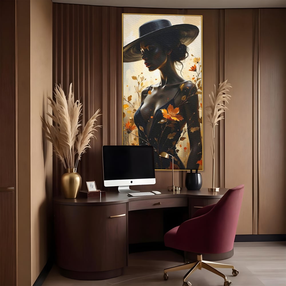 Tablou Canvas Premium, LuxCanva® G1170, Silueta de Rugina, Lady, Palarie, Rochie, Negru, Flori, Toamna, Dramatic, Silueta, Petale, Auriu, Romantism, Baroc, Boem, Poetic, Birou, Living, Dormitor