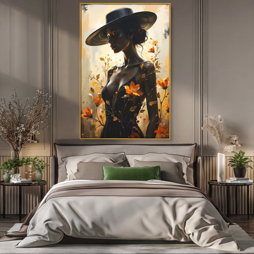 Tablou Canvas Premium, LuxCanva® G1170, Silueta de Rugina, Lady, Palarie, Rochie, Negru, Flori, Toamna, Dramatic, Silueta, Petale, Auriu, Romantism, Baroc, Boem, Poetic, Birou, Living, Dormitor
