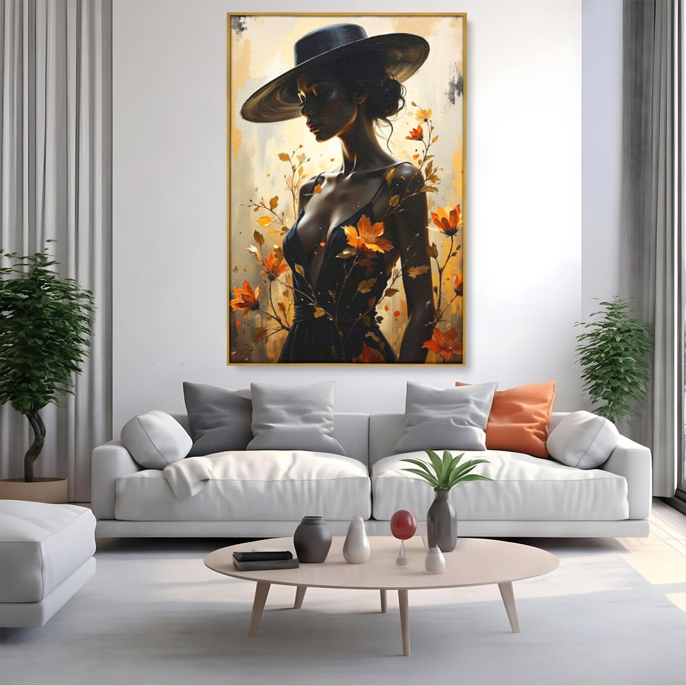Tablou Canvas Premium, LuxCanva® G1170, Silueta de Rugina, Lady, Palarie, Rochie, Negru, Flori, Toamna, Dramatic, Silueta, Petale, Auriu, Romantism, Baroc, Boem, Poetic, Birou, Living, Dormitor