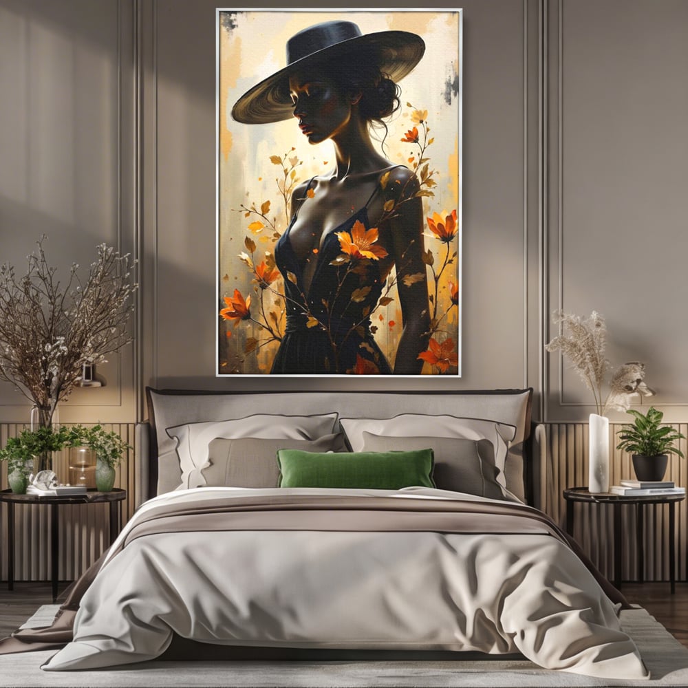 Tablou Canvas Premium, LuxCanva® G1170, Silueta de Rugina, Lady, Palarie, Rochie, Negru, Flori, Toamna, Dramatic, Silueta, Petale, Auriu, Romantism, Baroc, Boem, Poetic, Birou, Living, Dormitor