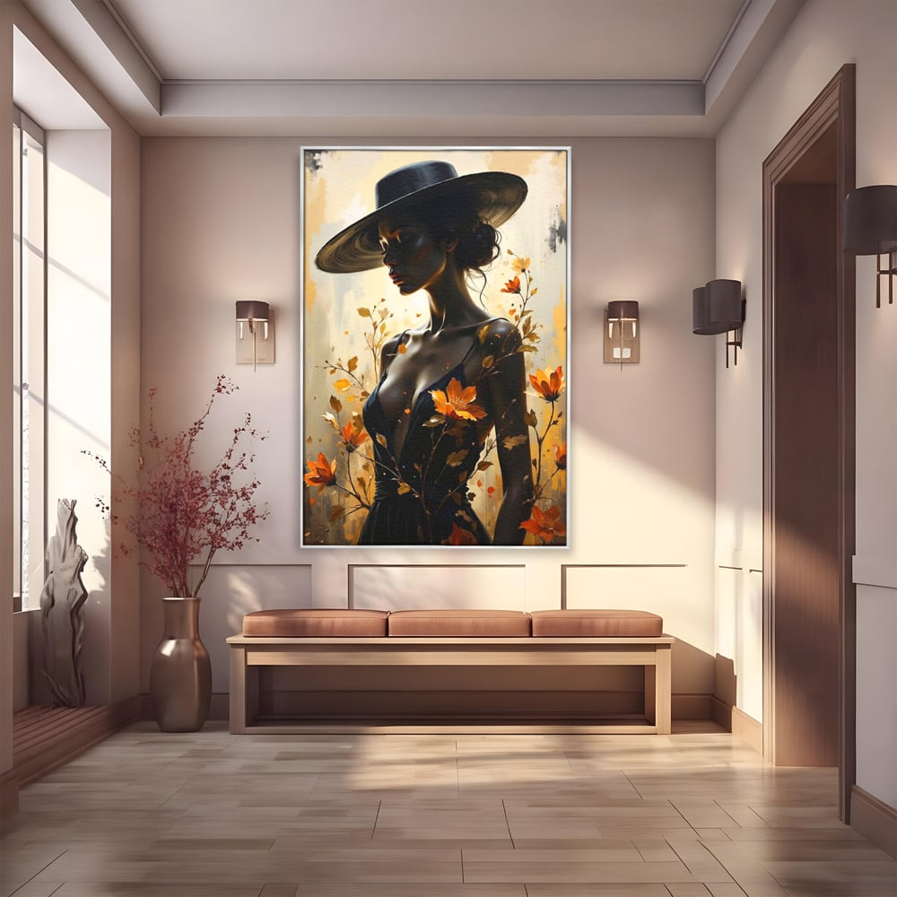 Tablou Canvas Premium, LuxCanva® G1170, Silueta de Rugina, Lady, Palarie, Rochie, Negru, Flori, Toamna, Dramatic, Silueta, Petale, Auriu, Romantism, Baroc, Boem, Poetic, Birou, Living, Dormitor