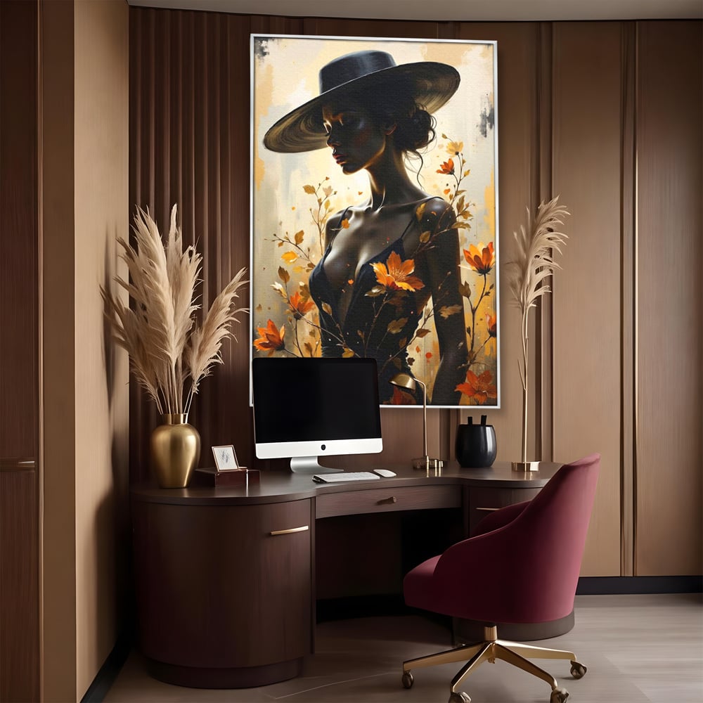 Tablou Canvas Premium, LuxCanva® G1170, Silueta de Rugina, Lady, Palarie, Rochie, Negru, Flori, Toamna, Dramatic, Silueta, Petale, Auriu, Romantism, Baroc, Boem, Poetic, Birou, Living, Dormitor
