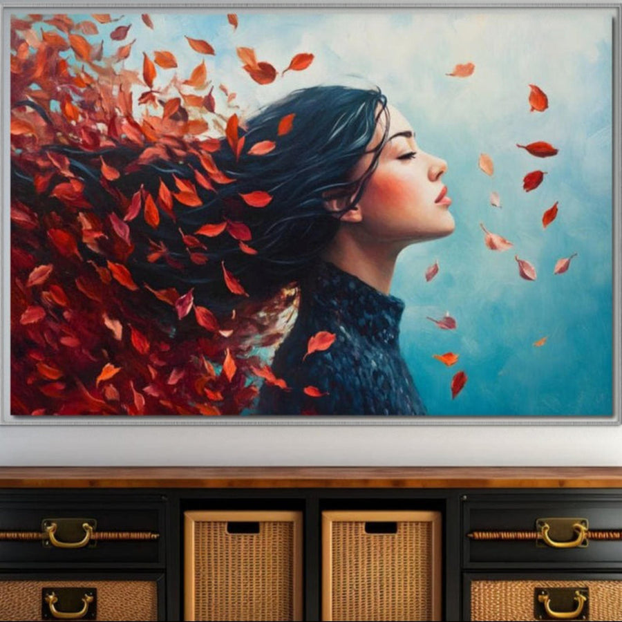 Tablou Canvas Premium LuxCanva® G1171: Femeie în profil cu păr întunecat, contopit în frunze ruginii de toamnă; perfect pentru birou, living sau dormitor, aduce seninătate și un aer poetic oricărui spațiu.