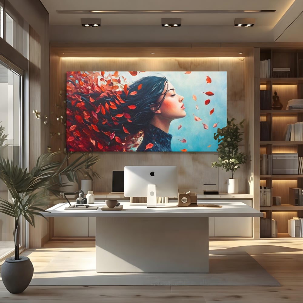Tablou Canvas Premium, LuxCanva® G1171, Vantul Gandurilor, Ruginiu, Frunze, Clipa, Liniste, Respiratie, Toamna, Serenitate, Poetic, Vant, Introspectie, Zbor, Meditatie, Birou, Living, Dormitor