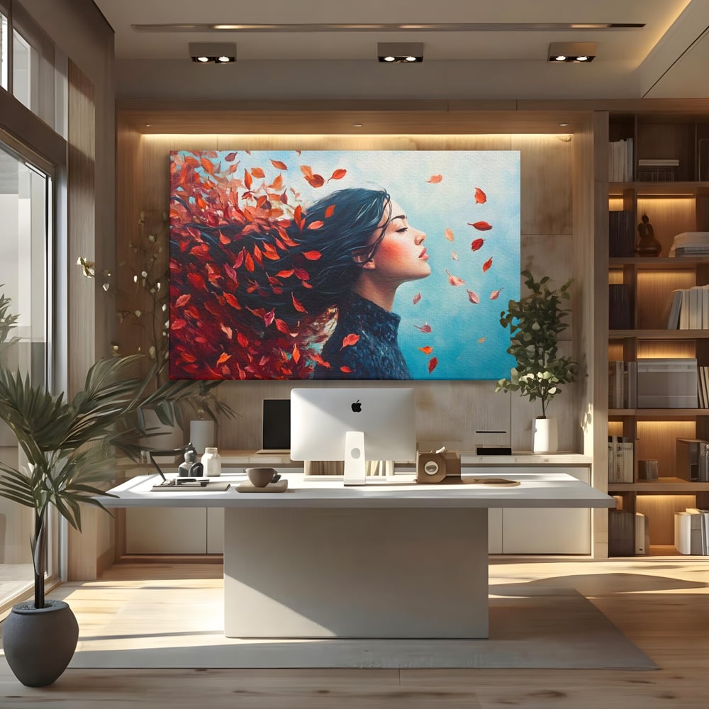 Tablou Canvas Premium, LuxCanva® G1171, Vantul Gandurilor, Ruginiu, Frunze, Clipa, Liniste, Respiratie, Toamna, Serenitate, Poetic, Vant, Introspectie, Zbor, Meditatie, Birou, Living, Dormitor