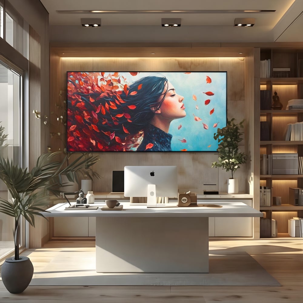 Tablou Canvas Premium, LuxCanva® G1171, Vantul Gandurilor, Ruginiu, Frunze, Clipa, Liniste, Respiratie, Toamna, Serenitate, Poetic, Vant, Introspectie, Zbor, Meditatie, Birou, Living, Dormitor