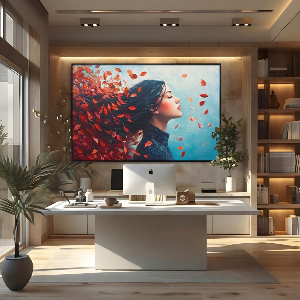 Tablou Canvas Premium, LuxCanva® G1171, Vantul Gandurilor, Ruginiu, Frunze, Clipa, Liniste, Respiratie, Toamna, Serenitate, Poetic, Vant, Introspectie, Zbor, Meditatie, Birou, Living, Dormitor