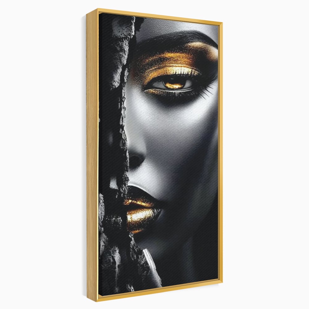 Tablou Canvas Premium, LuxCanva® G1172, Femeia din Abis, Aur, Umbra, Intunecat, Zeitate, Regina, Obscur, Alchimie, Suflet, Ochi, Masca, Tacere, Divinitate, Fashion, Arta, Birou, Living, Dormitor
