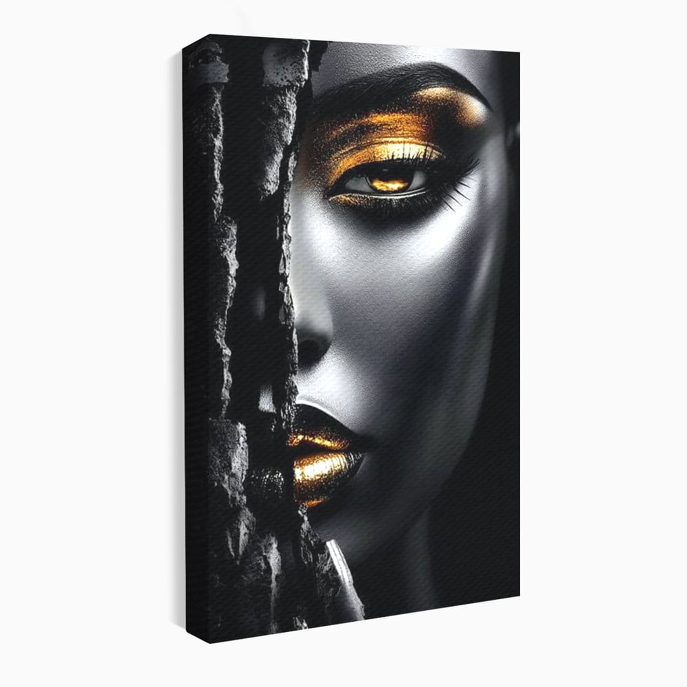 Tablou Canvas Premium, LuxCanva® G1172, Femeia din Abis, Aur, Umbra, Intunecat, Zeitate, Regina, Obscur, Alchimie, Suflet, Ochi, Masca, Tacere, Divinitate, Fashion, Arta, Birou, Living, Dormitor